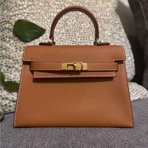 Brown Structured Satchel with Gold Clasp